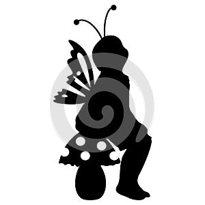 Sittinh girl silhouette with buttefly wings sitting on mushroom. Vector illustration.