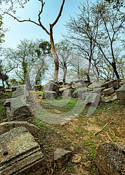 The ancient Hindu temple ruins of Bamuni Hills on the bank of Brahmaputra river in Tezpur, Assam, India. photo