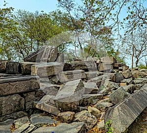 The ancient Hindu temple ruins of Bamuni Hills on the bank of Brahmaputra river in Tezpur, Assam, India. photo