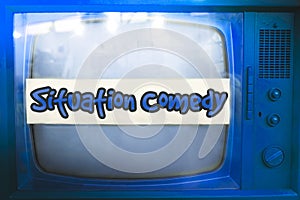 Situation comedy blue tv series genre television label old tv text sitcom vintage retro background