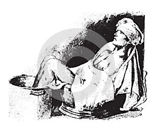 Sitz and foot bath combined, with cold compress on head, vintage engraving photo