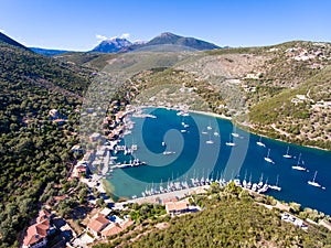 Sivota panorama in Lefkada Greece with yachts in the harbour