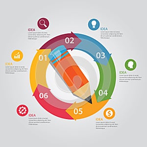 Six 6 steps circle arrow pencil education circular presentation work-flow