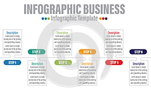 Six 6 steps, six 6 option Business info graphics template with option number work flow four steps