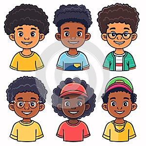 Six African American kids happy expressions, colorful clothing, smiling faces. Cartoon boys girls