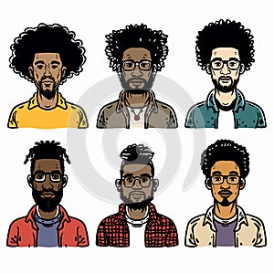 Six African American male avatars different hairstyles facial hair, wearing casual outfits photo