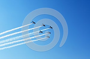 Six airplanes on airshow. Aerobatics Flying Display photo