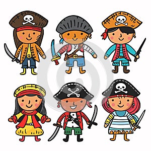 Six animated child pirates wielding swords cheerfully. Cartoon pirates various outfits include