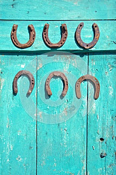 Six antique rusty horseshoe on green wooden farm barn door