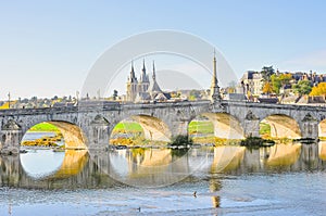 Six arch, section, of a 1500s, limestone bridge crossing the Seine river, in France