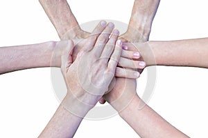 Six arms unite with hands on each other