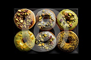 Six assorted gourmet donuts presented in a box on a black background