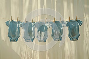 Six baby bodysuits hanging on a clothesline photo
