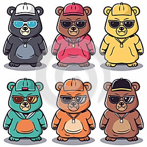 Six bears dressed urban street style, bear sporting different colored hoodie cap. Bears photo