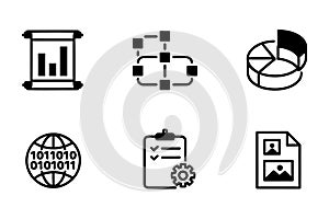 Collection of six data and document icons on white background chart graph