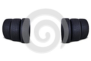 Six black tires isolated on white