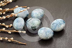 Six blue marble eggs, painted in hibiscus tea, with willow branches lie on black background