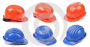 Six blue and red hard hats