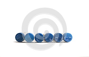Six blue test tubes on a white background