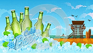 Six bottles of beer in ice cubes and hops cones, with beach landscape