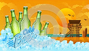 Six bottles of beer in ice cubes with miami beach landscape