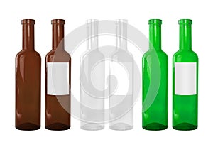 Six bottles in three different colors, green, white and brown