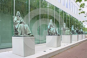 Six bronze statues depicting Dutch jurists, active between the seventeenth and nineteenth centuries. The Hague