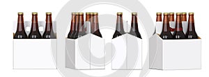 Six brown beer bottles in white corton pack. Four Different views 3D render, isolated on white background.