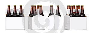 Six brown beer bottles in white corton pack. Four Different views 3D render, isolated on white background. photo