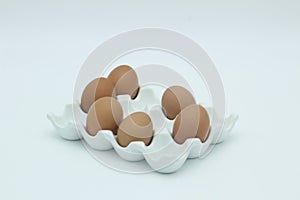 Six brown eggs in an egg rack against a white background