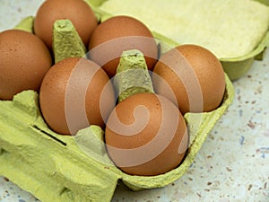 Six brown eggs in a green egg box, close-up. Selective focus.