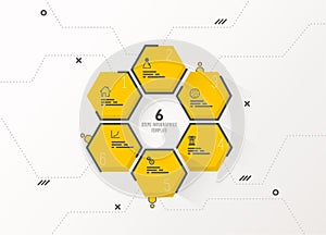Six business yellow hexagons vector template in circle with place for your text