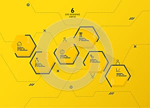 Six business yellow hexagons vector template in circle with place for your text