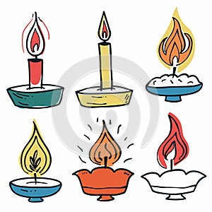 Six candles varying designs flames colorful holders cartoon style illustration. Handdrawn vector