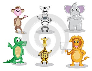 Six cartoon animals isolated on white