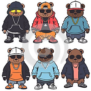 Six cartoon bears dressed hip hop fashion. Bears wear sunglasses, chains, caps, sneakers, casual photo
