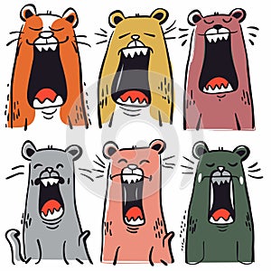 Six cartoon bears yawning open mouths closed eyes. Vibrant colors, handdrawn style, expressions