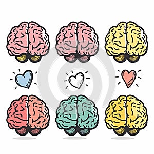 Six cartoon brains various colors, lightbulb base, creative concept, emotions expressed through