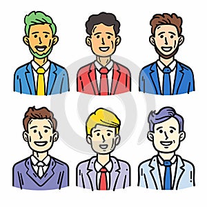 Six cartoon business men smiling, various hair colors, different tie suit combinations, left