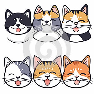 Six cartoon cat faces smiling various colors isolated white background. Happy feline expressions