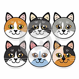 Six cartoon cat faces, various expressions fur colors, simple clean lines, cute feline characters