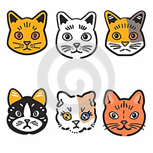 Six cartoon cat heads, different breeds colors, simple illustrations. Cute feline faces, handdrawn