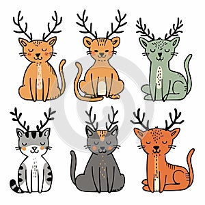 Six cartoon cats antlers sitting smiling cute adorable festive felines. Cats heads decorated photo