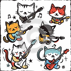 Six cartoon cats playing guitars, musical notes surrounding them, cute feline band. Cats strum photo