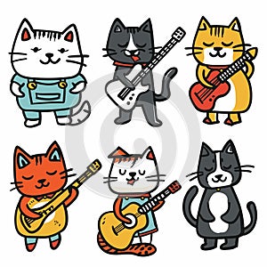Six cartoon cats playing guitars, unique colors expressions. Cats wearing various outfits