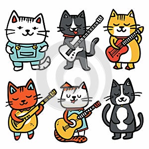 Six cartoon cats playing musical instruments, dressed colorful clothes, cat character has distinct photo