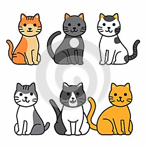 Six cartoon cats sitting, different colors patterns, cute feline characters, simple style, white