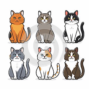 Six cartoon cats sitting, various colors patterns, cute feline characters, pet illustrations