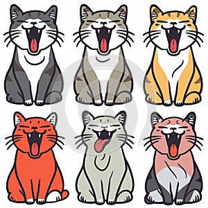 Six cartoon cats various fur patterns sitting yawning. Cute feline characters look funny, amusing