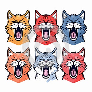Six cartoon cats yowling, different color fur. Expression disbelief surprise, comic style, graphic photo